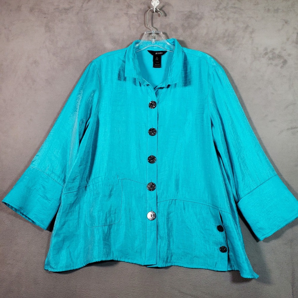 Ali Miles Jacket‎ Womens LP Turquoise Shimmer Lagenlook Boho Artsy Coastal Chic